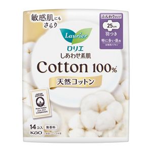 ロリエ　しあわせ素肌　天然コットン１００％　特に多い昼用２５ｃｍ　羽つき　１４個