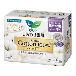 ロリエ　しあわせ素肌　Ｂｏｔａｎｉｃａｌ　Ｃｏｔｔｏｎ１００％　特に多い昼用２５ｃｍ　羽つき　１４個