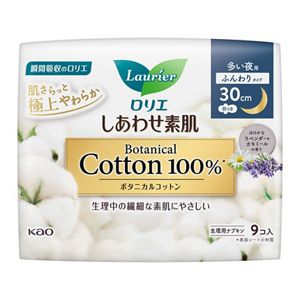 ロリエ　しあわせ素肌　Ｂｏｔａｎｉｃａｌ　Ｃｏｔｔｏｎ１００％　多い夜用３０ｃｍ　羽つき　９個